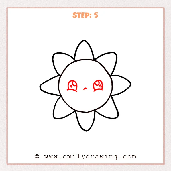 how to draw a cartoon sun - Step 5 adds cute cartoon features to the sun’s face, including two large sparkling eyes and a small curved nose/mouth.